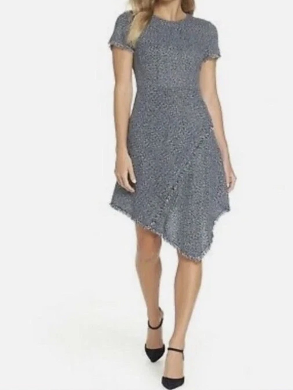 Eliza J Tweed Fringe Sheath Dress Blue White Size 2 Classic Preppy